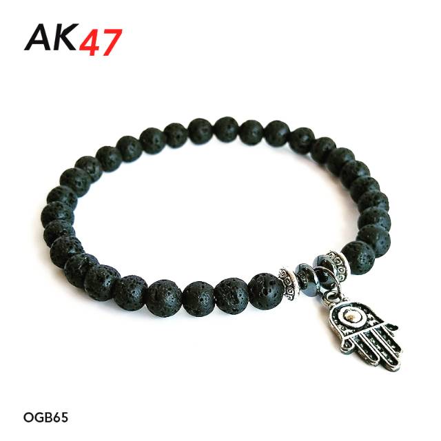 Gelang Batu Asli Lava Hematite Hamsa Hand Charm 6mm