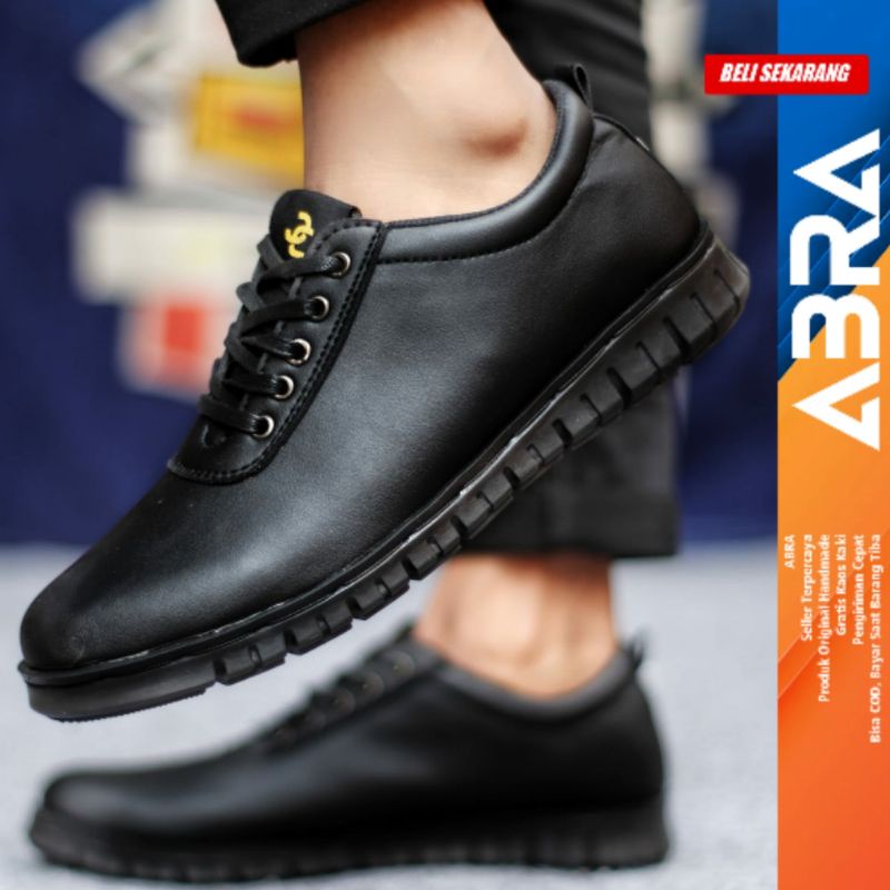 Sepatu Formal Casual Pria Kulit Pu Pantofel Kerja Hitam Fullblack ABRA BRRODI