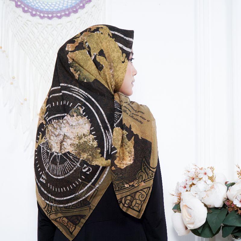 LI SCARF - World Map Scarf - Dark Brown by Li Scarf - Hijab segiepat motif - voal UWR