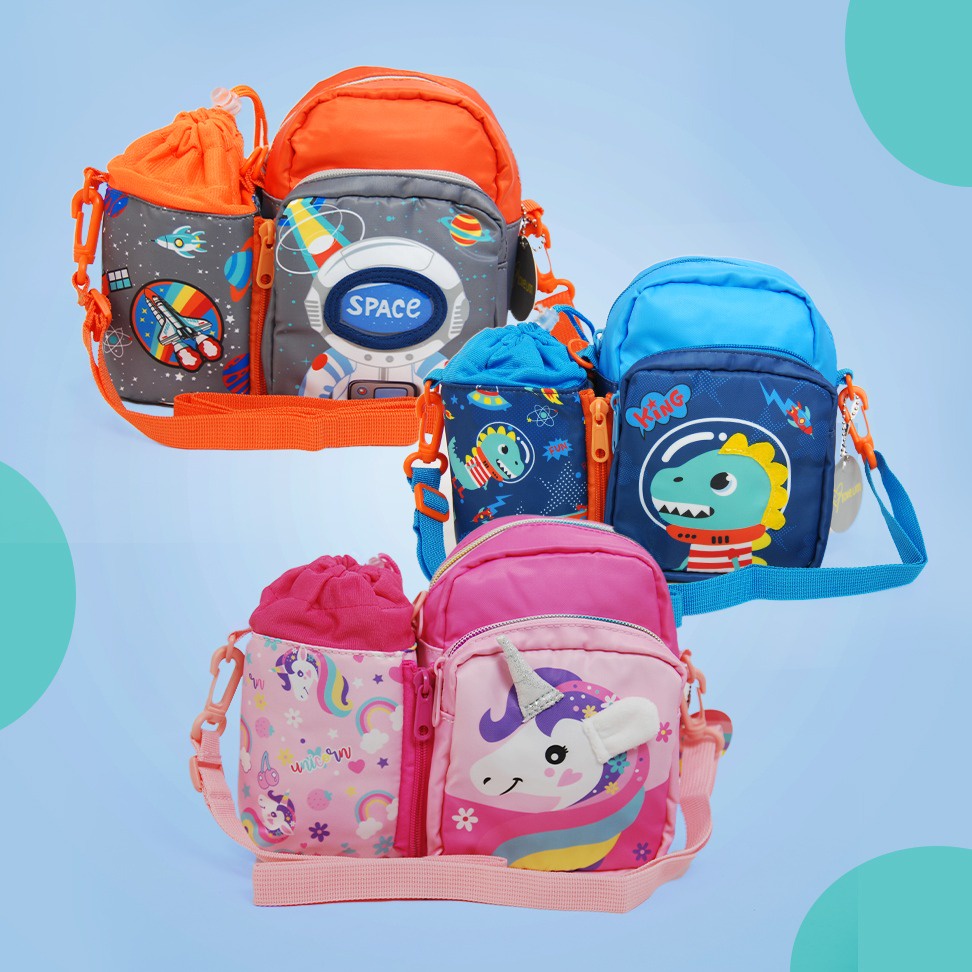 VEST Tas selempang anak dengan kantong botol DINO/UNICORN/ASTRONOT U2042