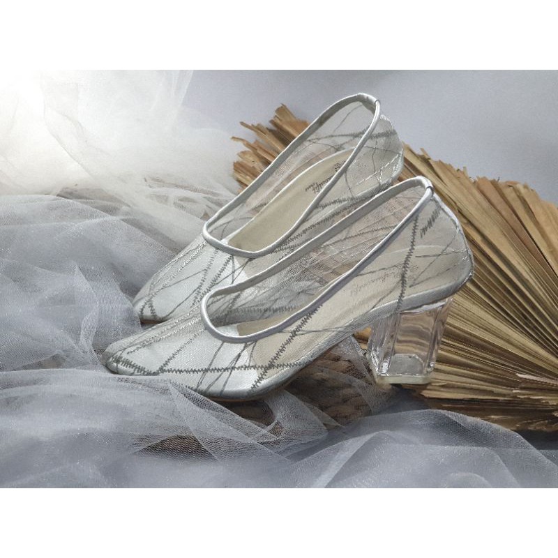 sepatu wedding silver alexis cantik brukat 7cm kaca