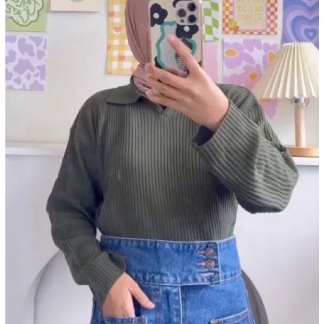 SWEATER CROP TOP RAJUT/ POLO KNIT CROP RAJUT/ATASAN CROP TOP RAJUT WANITA KERAH POLO