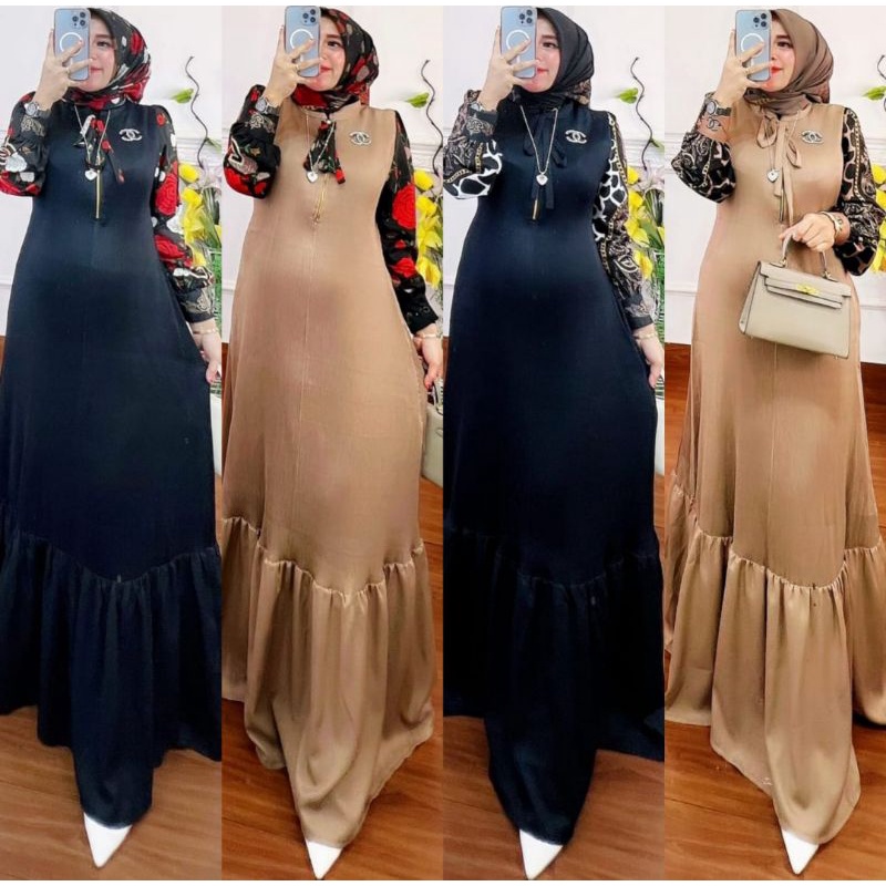 Ready gamis plisket lengan motif 100% ORI SHR