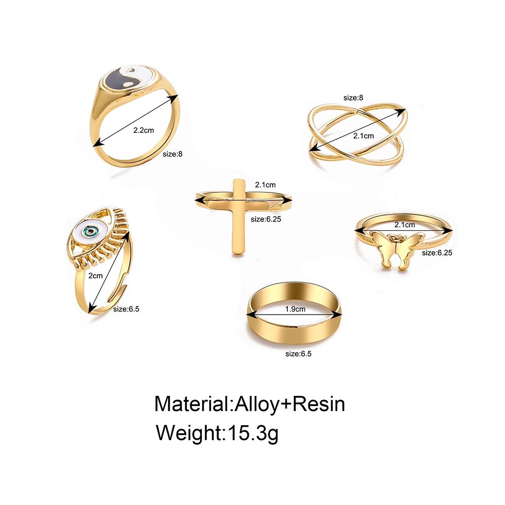 6pcs / Set Cincin Desain Mata Butterfly Drop Oil Tai Chi Gaya Vintage Untuk Wanita