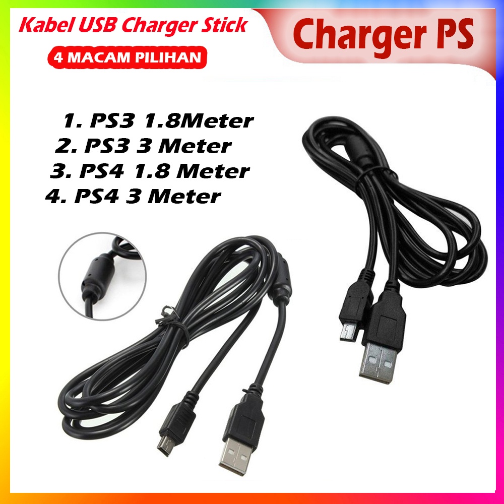 Charger Stik PS3 1.8m / PS3 3m / PS4 1.8m / PS4 3m / Kabel USB Charger Stik Stick PS4 Kabel Original FOXCONN