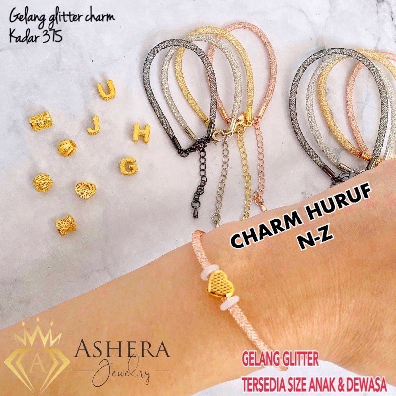 PERHIASAN EMAS ASLI BENTUK CHARM HURUF GELANG GLITTER KADAR MAS MUDA 375