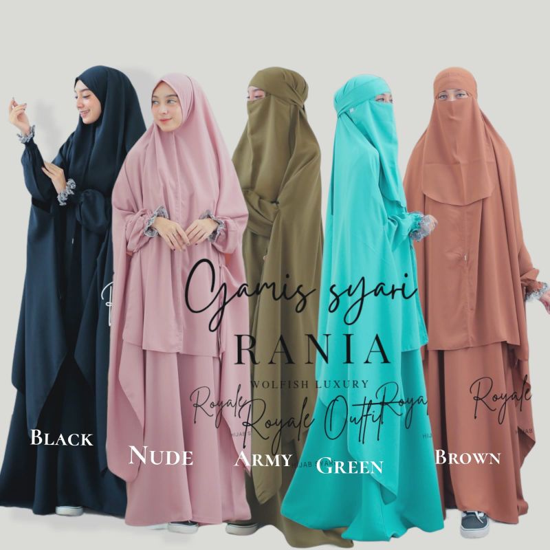 Rania Syari|gamis akhwat |gamis set khimar cadar|cadar bandana|gamis wolfish|ori royale to