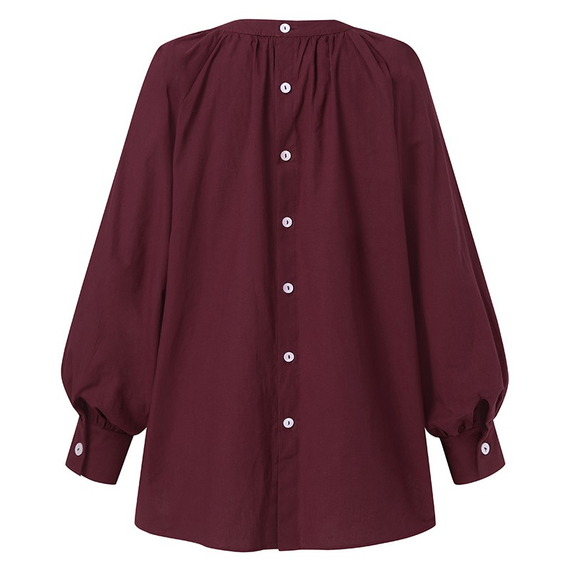 ZANZEA Women Vintage Solid Color Collared Puff Sleeve Blouse