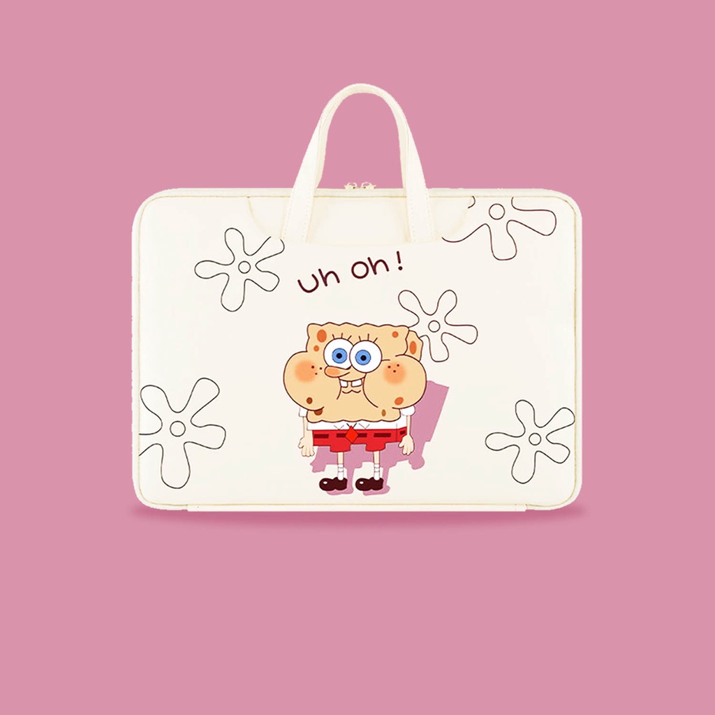 Sleeve Pouch Sarung Tas Bag Case Ipad Tab Tablet Macbook Air Pro Laptop Asus Acer Lenovo HP Huawei 11 12 13 14 15 inch Motif Gambar Kartun Cartoon Spongebob Warna Putih Lucu Cute Murah Korean Model Jinjing Tali Strap