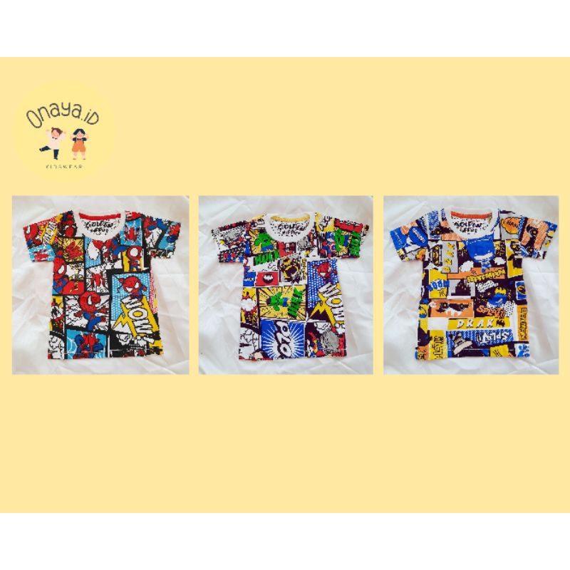 Kaos Anak Marvel Superhero Spiderman Batman/Kaos Anak Full Print/Kaos Katun Anak Combed Motif