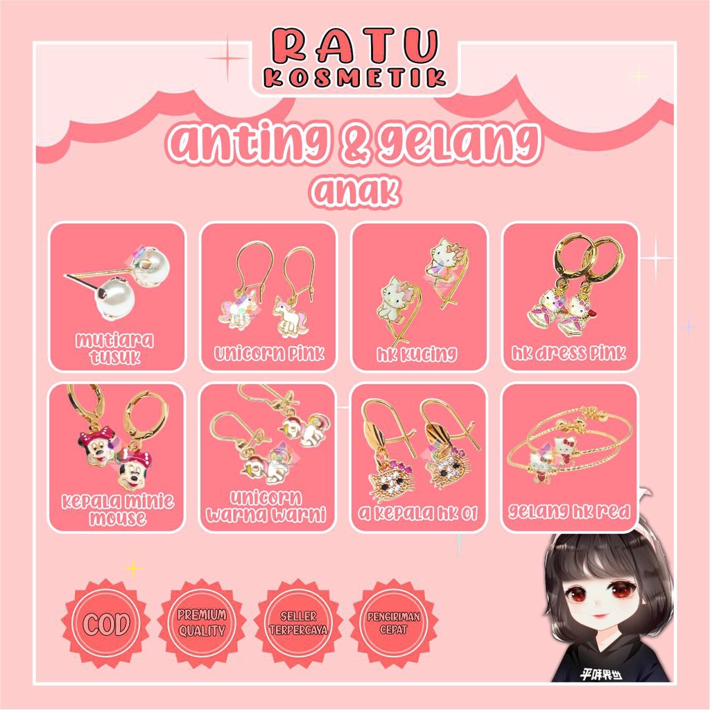 ❤ RATU ❤ Anting Xuping Anak | Perhiasan Lapis Emas | Mutiara Tusuk | Gelang Karakter Diamond | Hellokitty | Aksesories Fashion