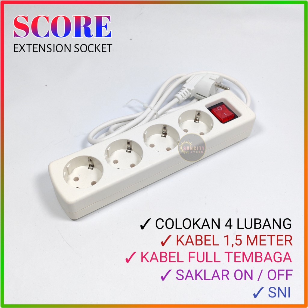 Score Stop Kontak 4 Lubang + Kabel 1.5M , 3M , 5M / Extension Socket Dengan Saklar ON/OFF