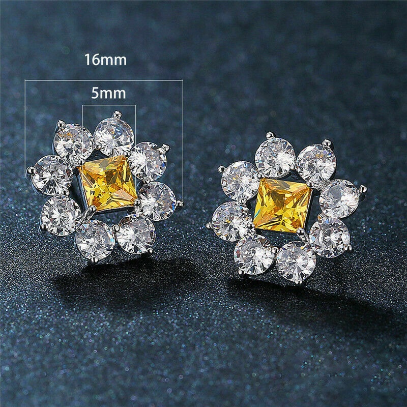 Yellow CZ Flower Earrings Female Bling Bling Wedding Engagement Party Ear Stud Luxury Silver Color Women Fashion Jewelry