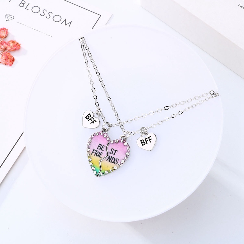 2pcs / Set Kalung Rantai Liontin Hati Motif Tulisan Best Friends Aksen Berlian Imitasi Untuk Wanita