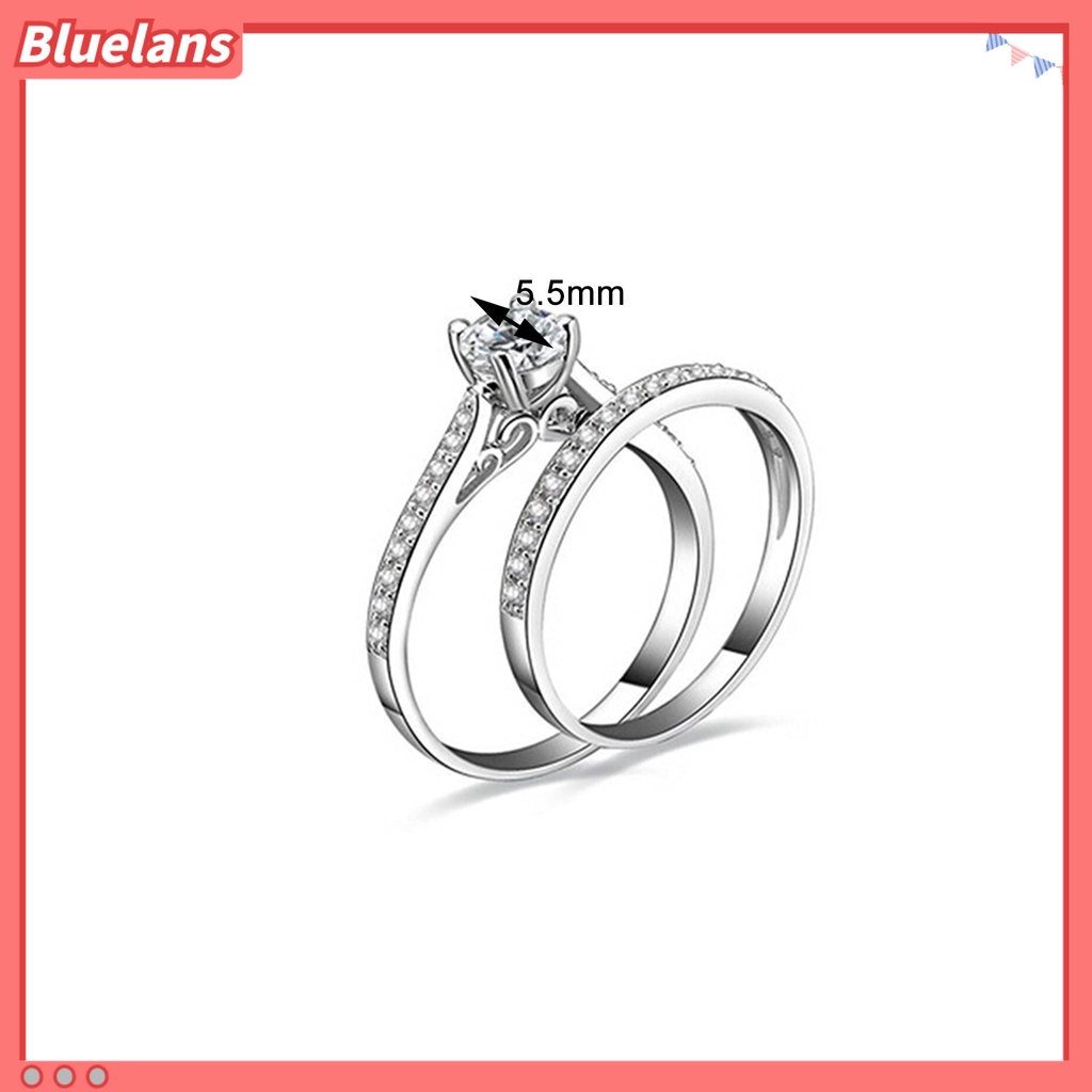 Bluelans 2Pcs Ring Shiny Cubic Zirconia Plated Silver Romantic Couple Finger Ring