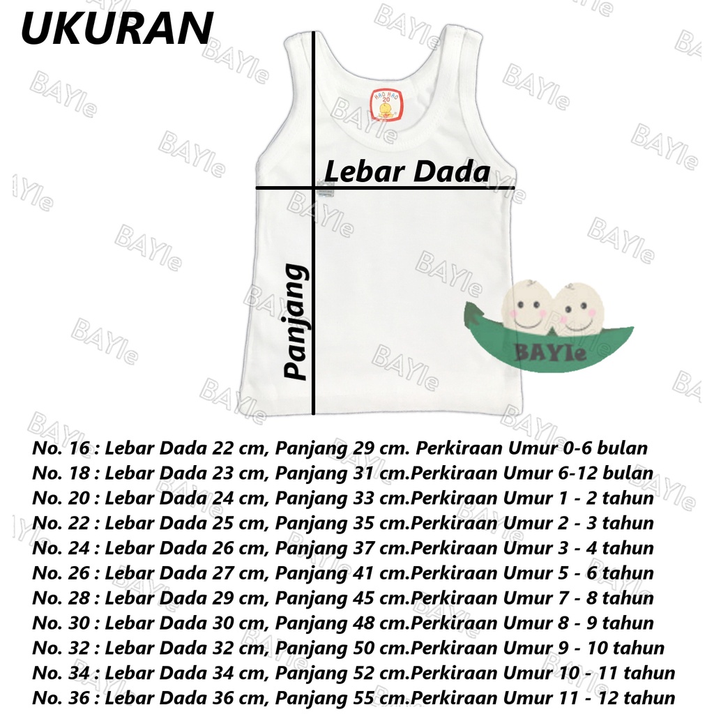 BAYIe - 3 PCS Kaos Dalam / Singlet Anak/Bayi PUTIH/WARNA HAO-HAO 100% katun SNI UMUR 0-12 TAHUN