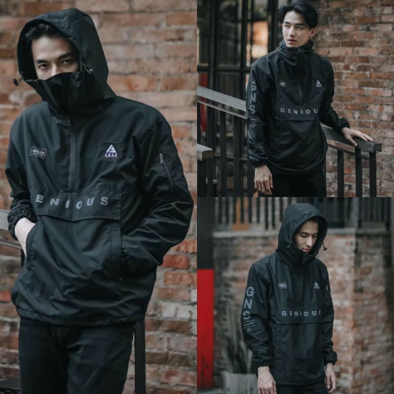 Jaket pria IKC 002 distro cbr Bandung hoodie dua sisi bolak balik keren grosir jaket cagoule erigo Jaket Pria Parasut Anti Air-CG HITAM NINJA
