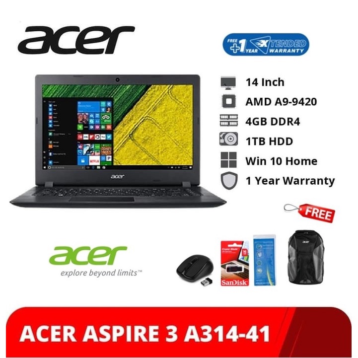 LAPTOP ACER Aspire 3 A314-41-9556 Laptop AMD A9-9120e 4GB 1TB 14 Inch-Win10