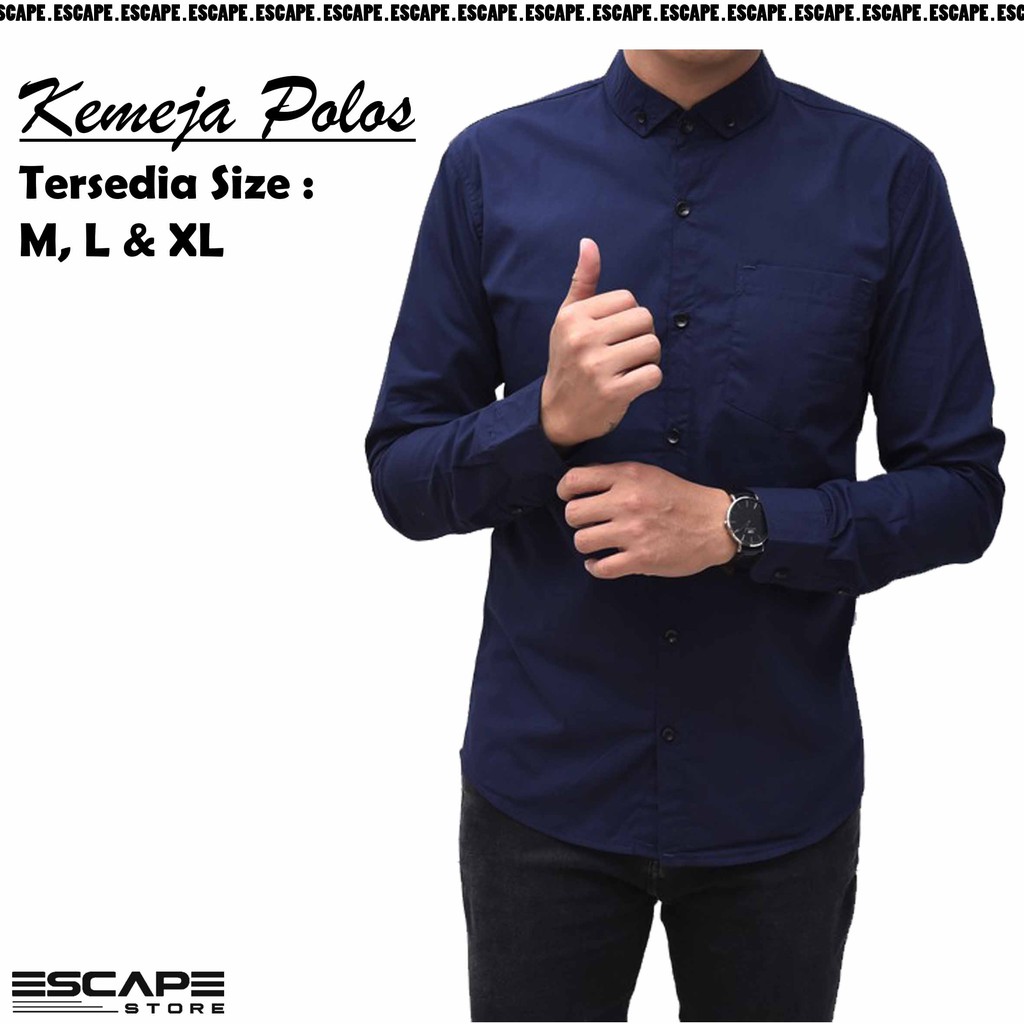 Kemeja Formal Pria Polos Lengan Panjang Bahan Katun - Biru Dongker