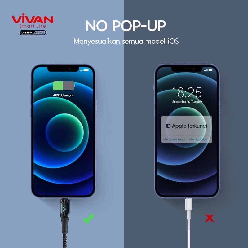 VIVAN VIC100 / VIL100 Kabel Data 100cm USB To Type C 40W 5A / USB To Lightning 12W 2.4A Fast Charging Smart LED Display Garansi Resmi 1 Tahun