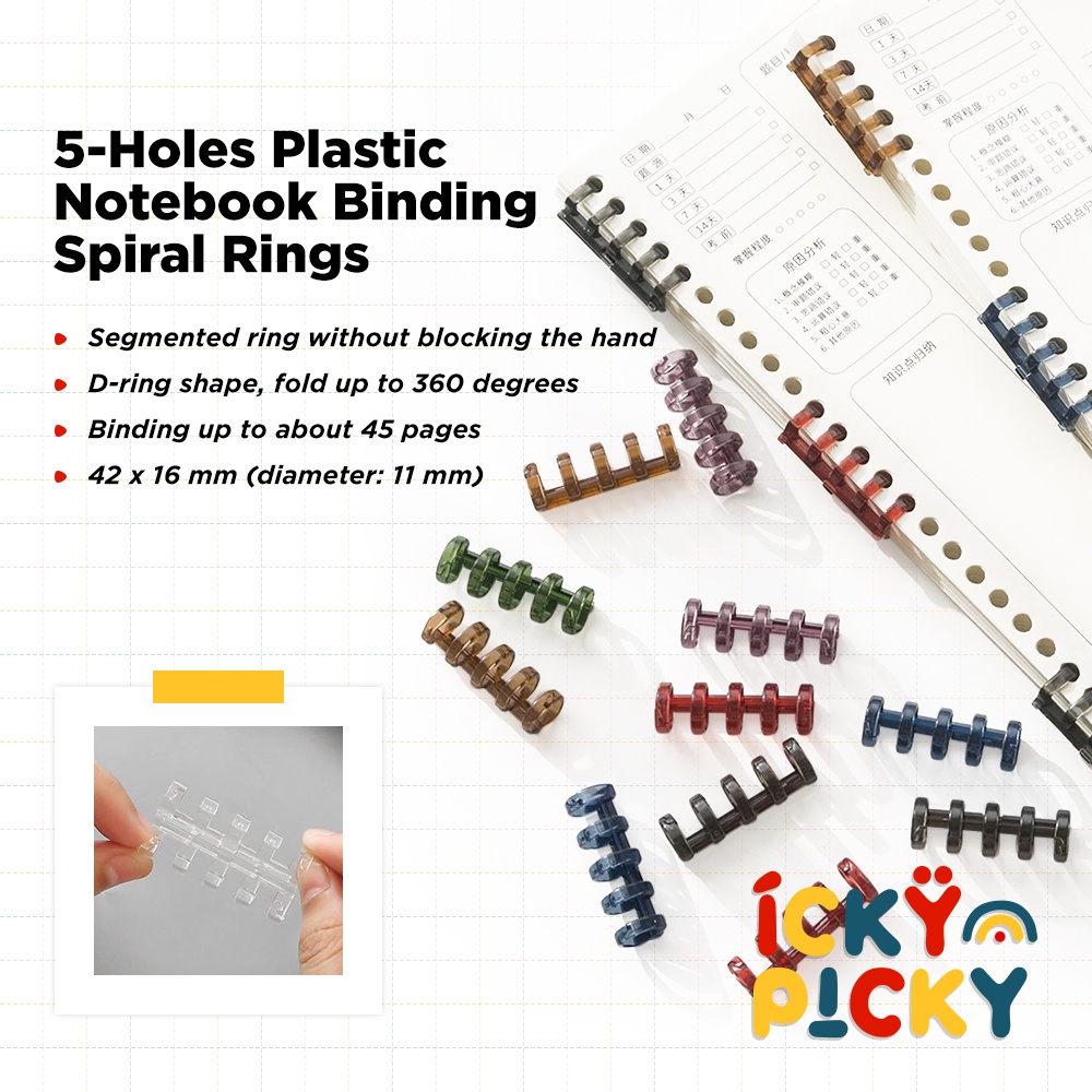 

[ickypicky] 5 Lubang Pengait DIY Kertas Loose Leaf Bahan Plastik (1 pcs) A5 B5 | 5 Holes Plastic Notebook Binding Spiral Rings A5 B5