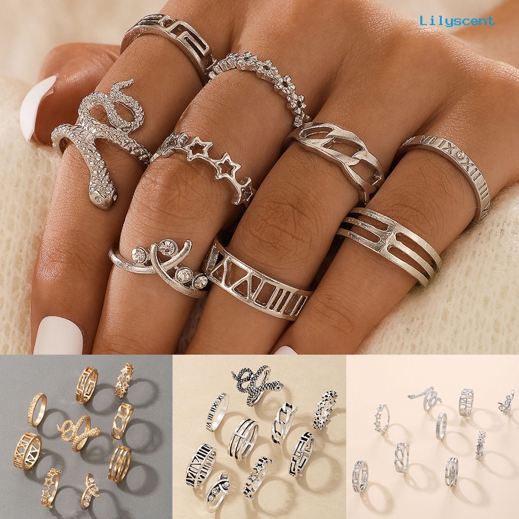 9 Pcs / Set Cincin Wanita Bentuk Ular Hollow Gaya Gothic Tahan Lama Untuk Outdoor