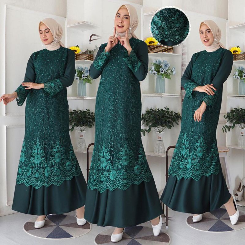 Gamis Brukat Lebaran Pesta Hijau Botol
