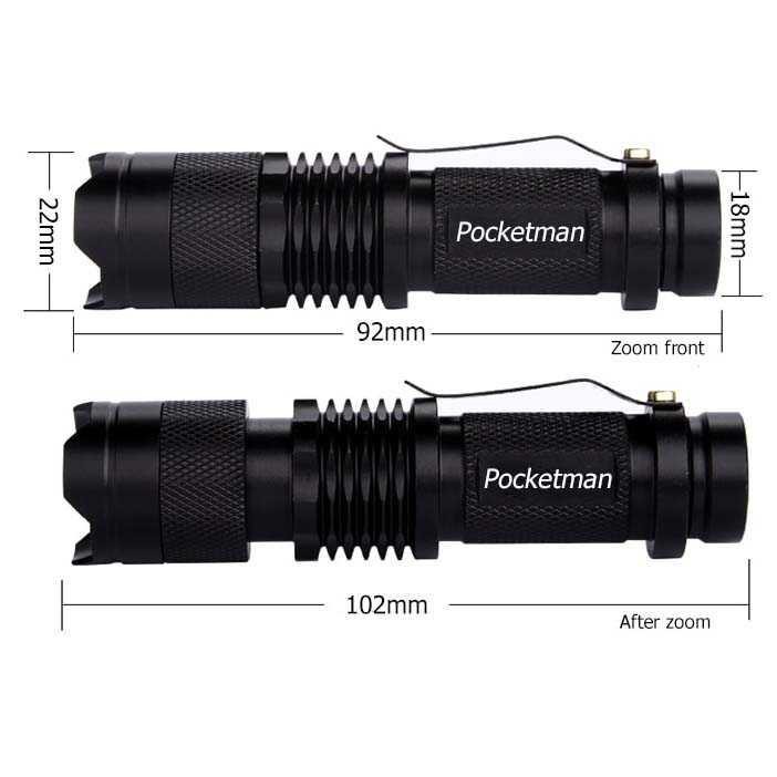 TaffLED Senter LED 2000 Lumens Waterproof + Charger + Box Pocketman P1 [Hitam]