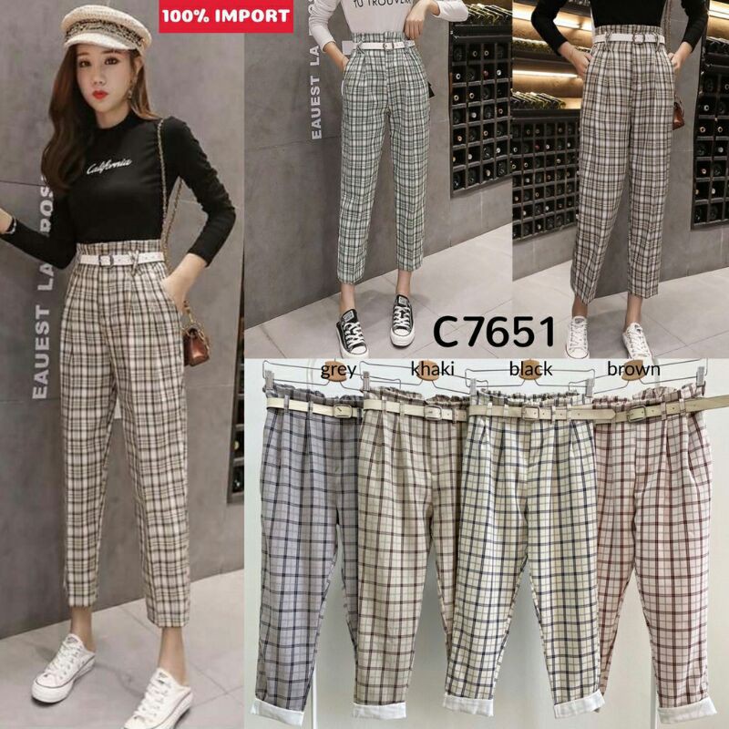 Plaid Fold Ankle HighWaist Pants With Belt