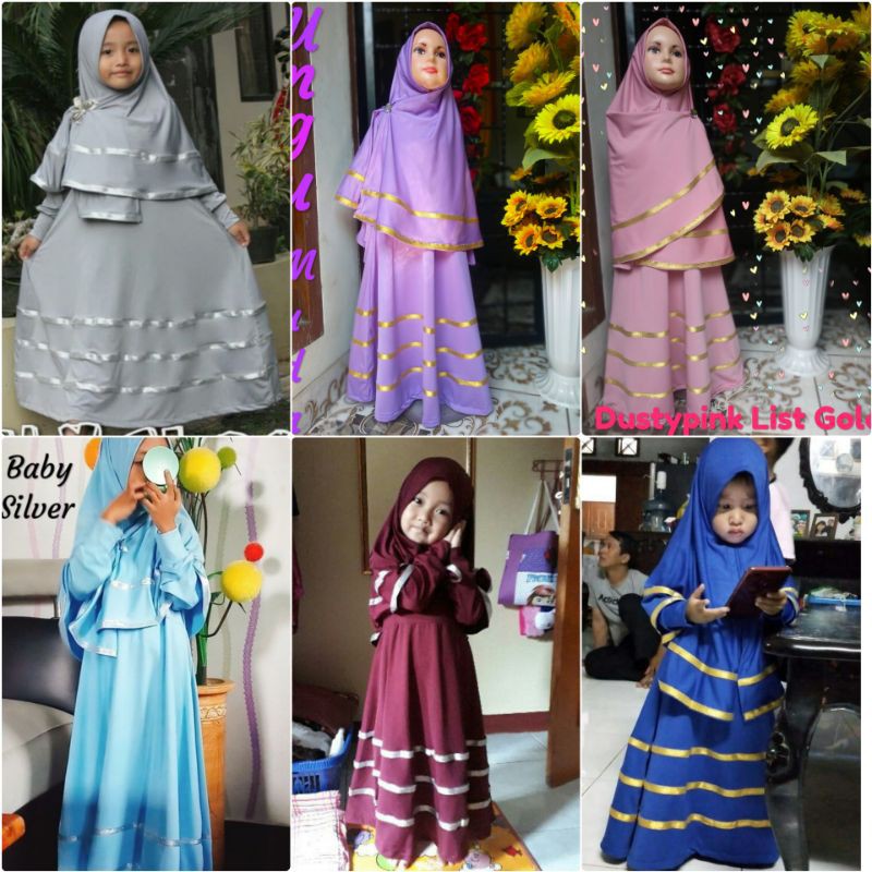 Baju Gamis Abaya Anak Perempuan Pita List Emas dan Perak