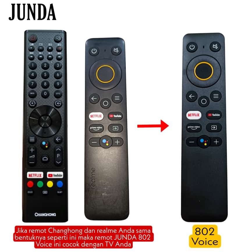 Remote JUNDA 802 Voice untuk Realme dan Changhong Smart TV Android Grade Ori