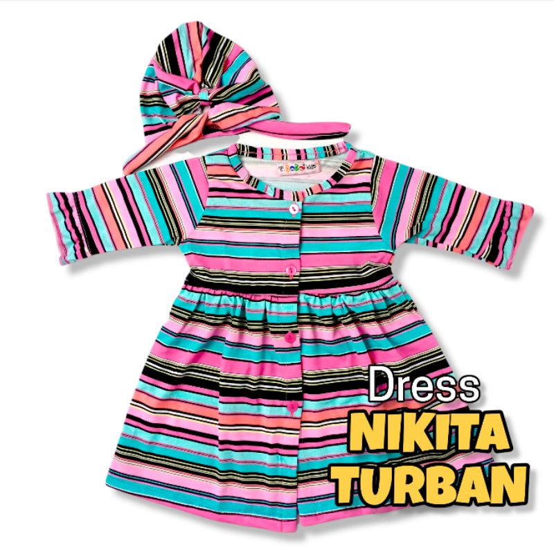 NIKITA 0 - 2 THN DRESS ANAK BAYI PEREMPUAN FREE TURBAN Baju Anak Bayi Perempuan Cewek Dres Baby Girl Nicta Bobo Kids-H StripePinkToscaBlk