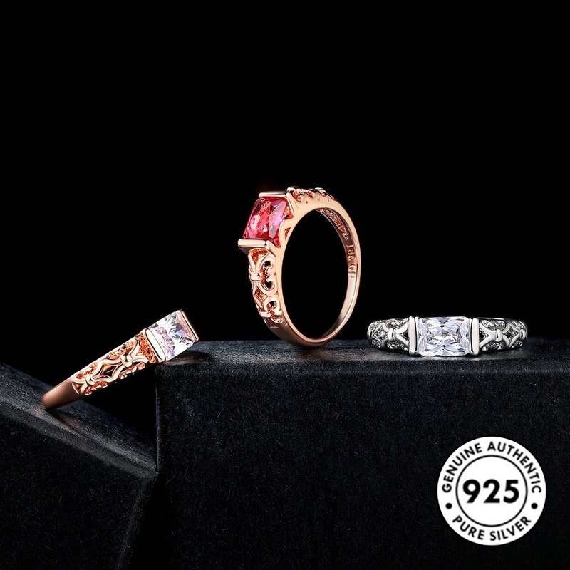 Cincin S925 Silver Warna Rose Gold Bentuk Persegi Aksen Berlian