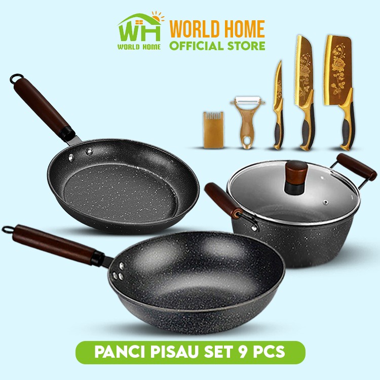 Panci Wajan Set 3 pcs Free Pisau Gold Cantik Serbaguna Bahan Pot Batu Maifan Anti Lengket Anti Karat TG-11