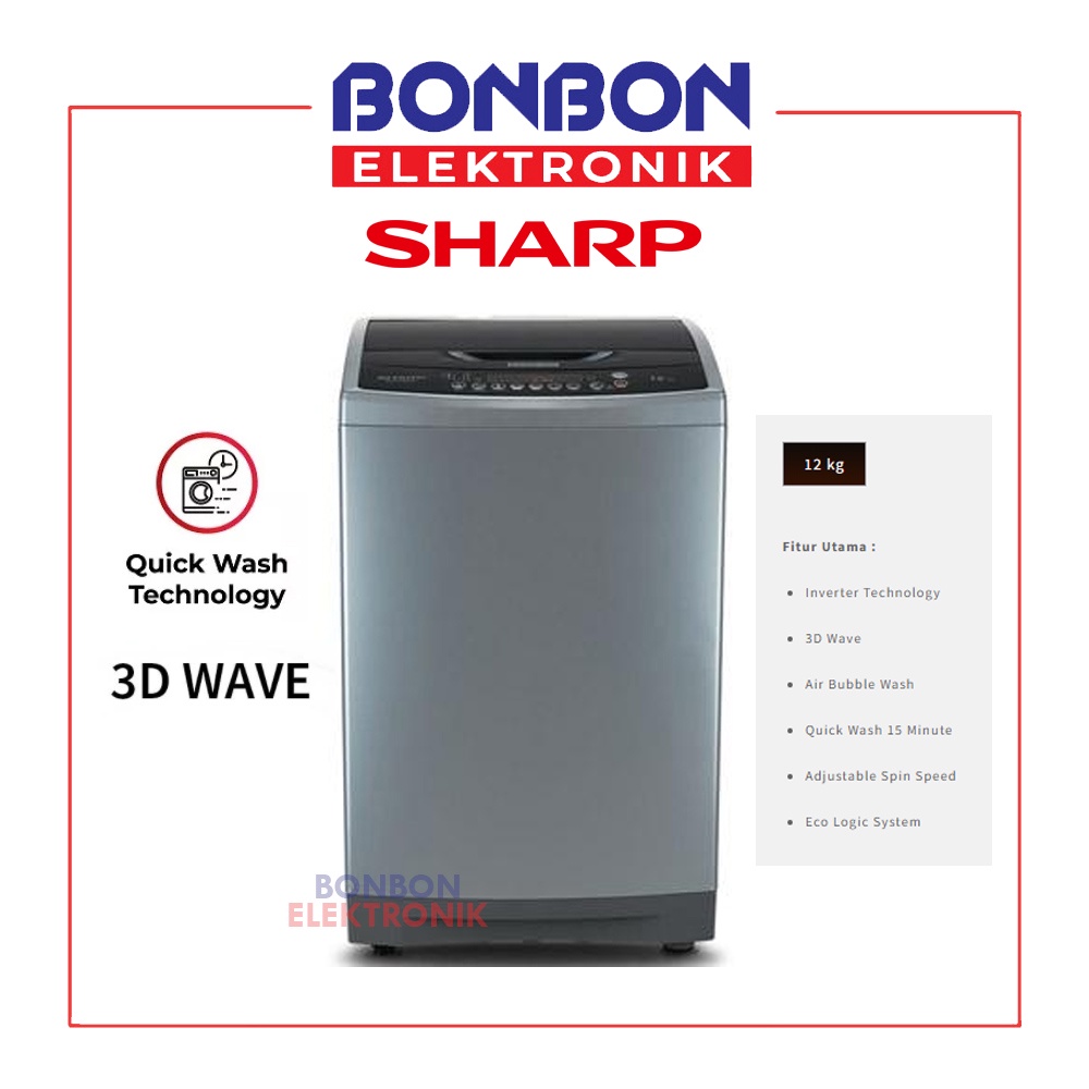 Sharp Mesin Cuci 1 Tabung 12KG ES-F1208X-SL Inverter Series