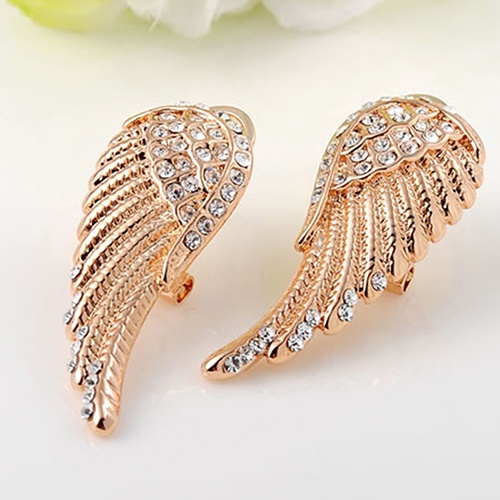 Hu Hu Hu Hu Hu Alat Bantu Pasang Kacamata♡ Anting Tusuk Lapis Emas 9K Model Sayap Malaikat Aksen Kristal Mewah Untuk Wanita