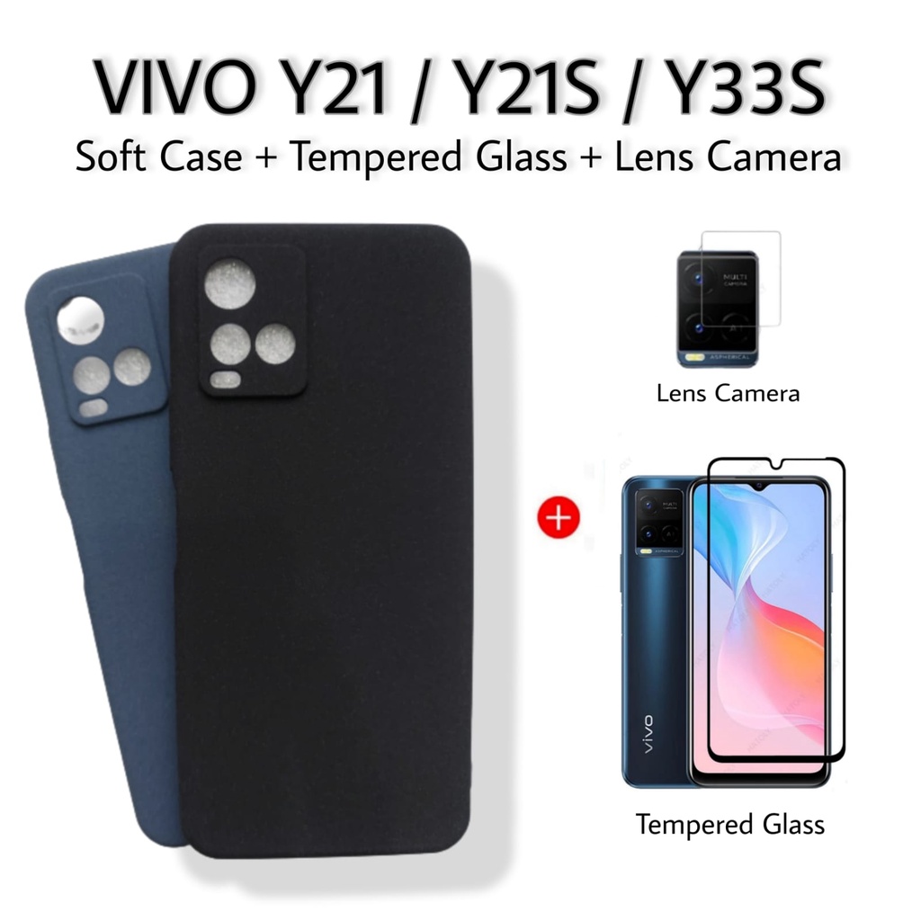 PAKET 3in1 Case VIVO Y21 / VIVO Y21s / VIVO Y33s Soft Case Matte Sanstone Anti Fingerprint FREETempered Glass Layar Dan Lens Camera Back Handphone