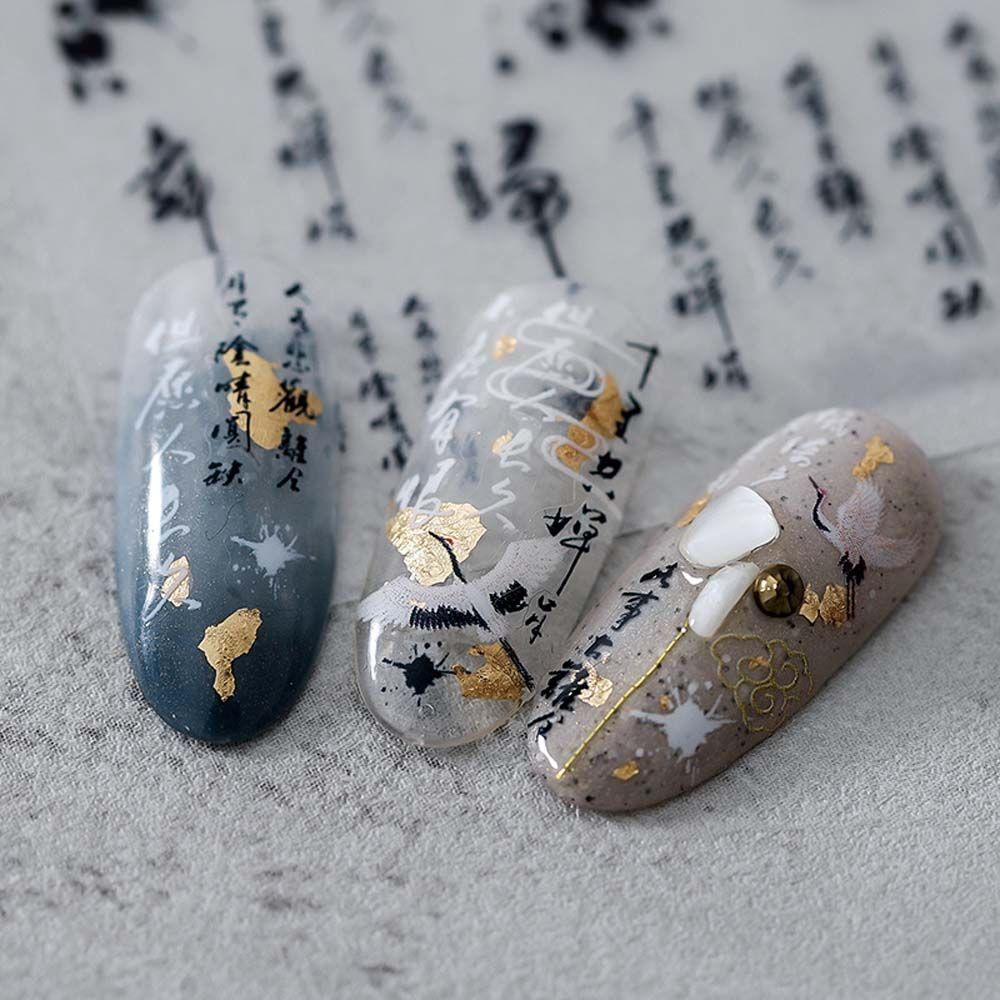 Mxbeauty Stiker Kuku Cina Wanita Perekat Diri Karakter Cina Kaligrafi Kipas Tinta Gaya Antik Nail Art Dekorasi