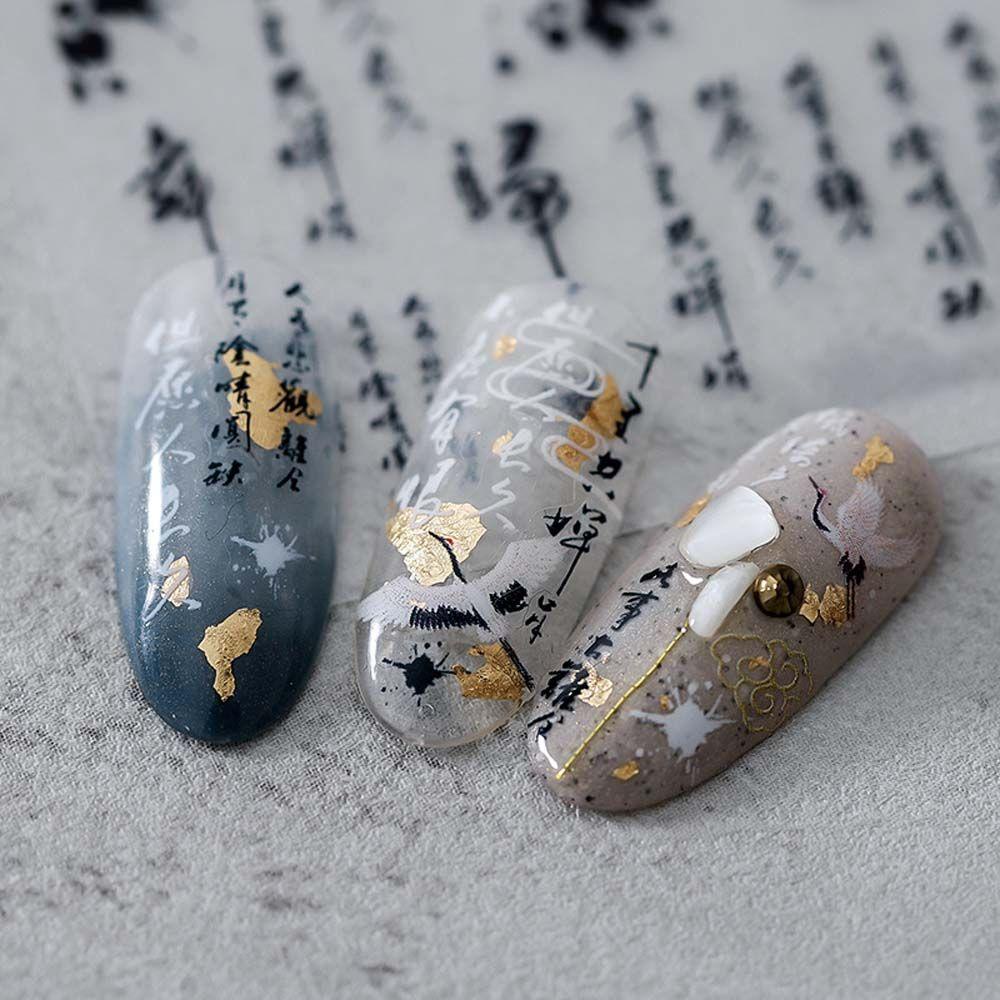 Mxbeauty Stiker Kuku Cina Wanita Perekat Diri Karakter Cina Kaligrafi Kipas Tinta Gaya Antik Nail Art Dekorasi