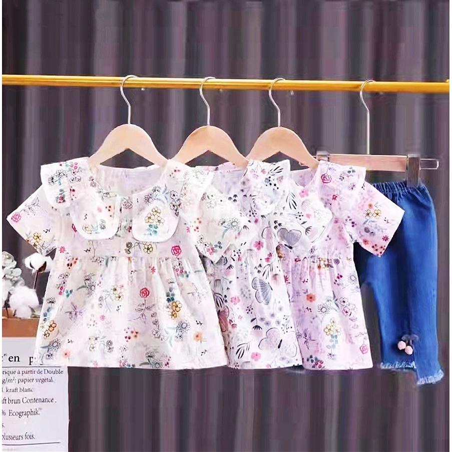 Setelan anak perempuan atasan jins cherry import 1-4 tahun/ Baju Setelan kemeja Setelan Jeans anak cewek tanggung