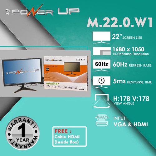 LED Monitor 22 inch POWER UP HD 60Hz 5ms Port HDMI / VGA