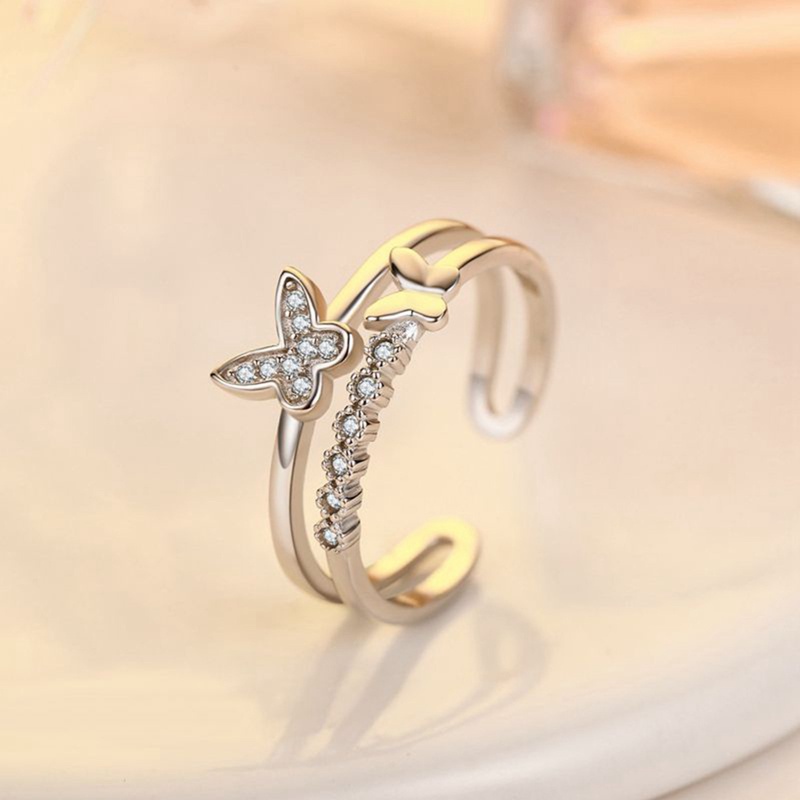 Fancyqube Cincin Model Double Butterfly Aksen Kristal Dan Berlian Imitasi Untuk Wanita