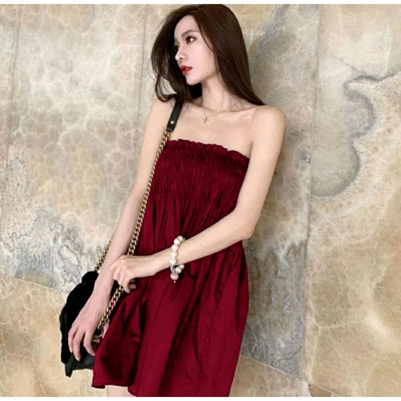 Mini Dress // Kemben Kerut Putih // Baju Sexy // Lingerie // Dress V-Neck Midi