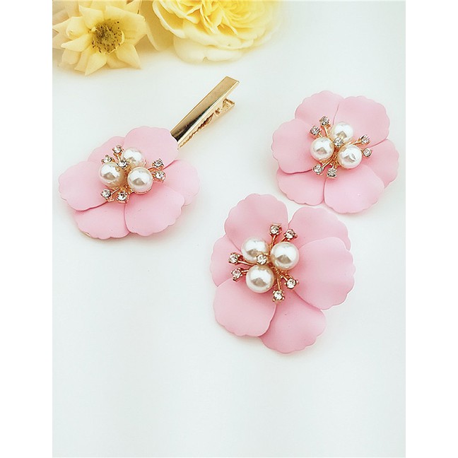 LRC Jepit Rambut Fashion Red Alloy Flower Pearl Earrings Hair Clip Set F61976