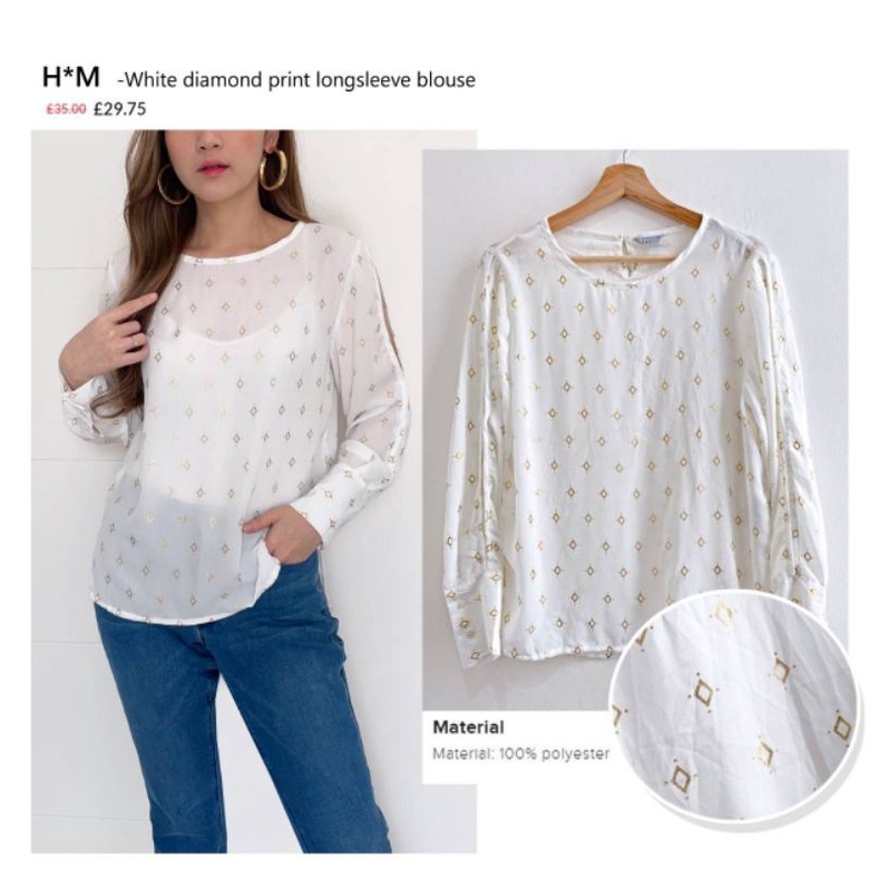 H*m white diamond print longsleeve blouse