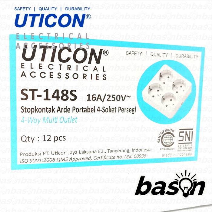 UTICON ST148S - Stop Kontak 4 Lubang Arde Kotak - TANPA KABEL - TANPA STEKER