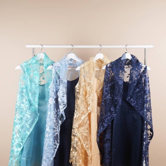 Dress outer brukat fit M to L Ready warna Tosca, Biru Muda, Peach, Pink