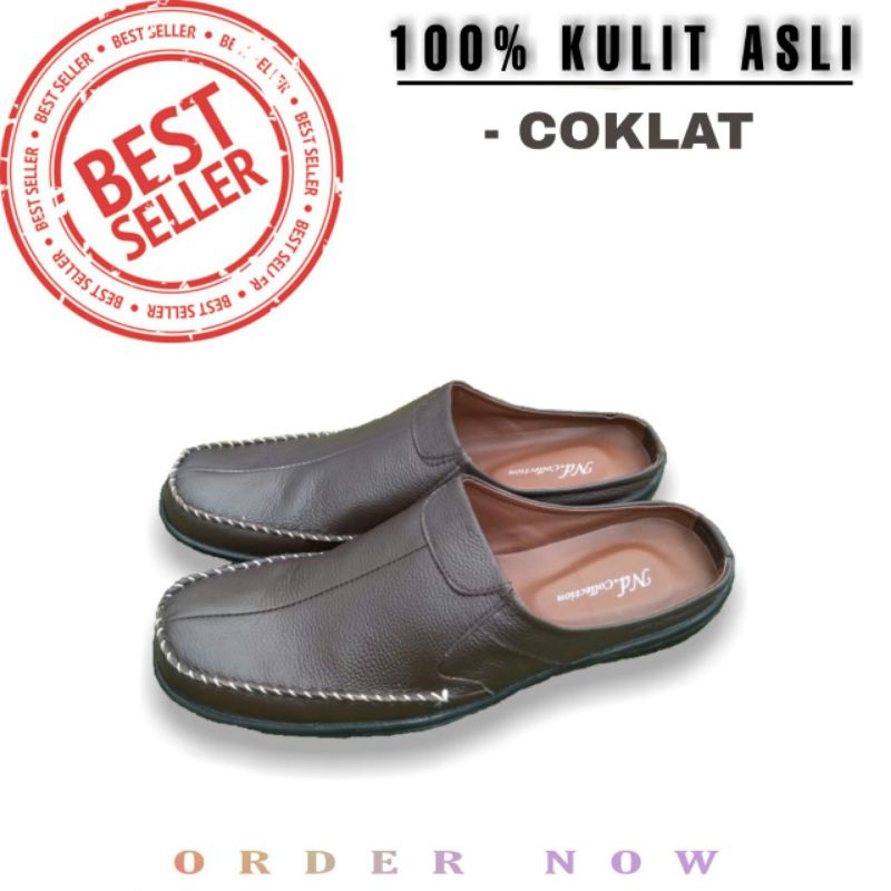 Sepatu sandal slop bustong slip on pria kulit sapi asli berkualitas ND_Rajut