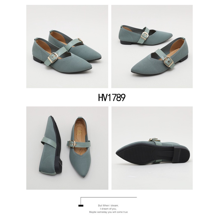 HELIVA VENUS Flat Shoes Sepatu Lancip Gesper Slip On Bahan Kanvas HV1789 Original Brand