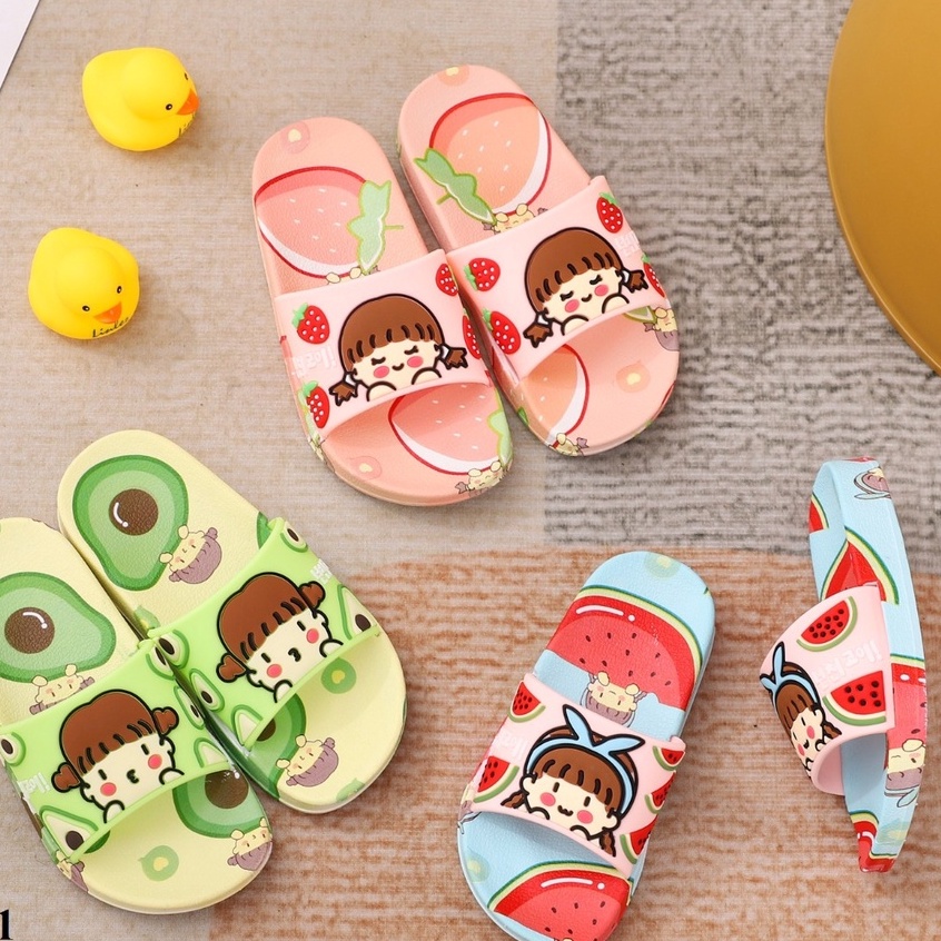 Sandal Anak Perempuan Selop Motif CHIBI BUAH Import / Sendal Karet Jelly Karakter Lucu Terbaru